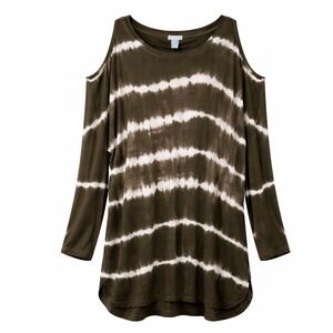 Sunday Womens Olive Green Tie Dye Cold Shoulder Long Sleeve Top Size L Relaxed